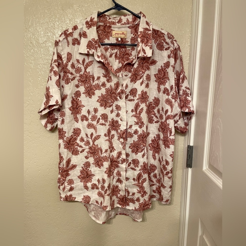 Papinelle Shirt 100% linen paisley floral sustainable notch collar L